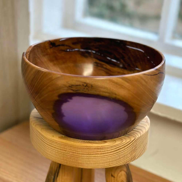 Handmade decorative bowl, Frosty purple resin and wood turned bowl, wood  and colored resin