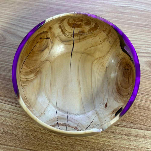 Handmade decorative bowl, Frosty purple resin and wood turned bowl, wood  and colored resin
