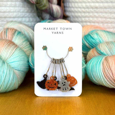 Market Town Yarns - Halloween - Set of 6 Stitch Markers shown with bulb pin fittings | Yarn Worx