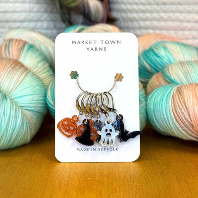 Market Town Yarns - Halloween - Set of 6 Stitch Markers shown with lever back fittings | Yarn Worx