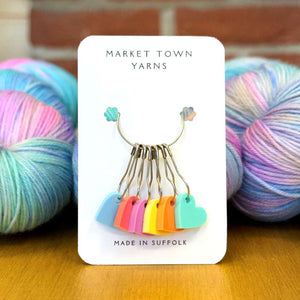 Market Town Yarns - Pastel Hearts - Set of 6 Stitch Markers shown with bulb pin (safety pin) fitting | Yarn Worx