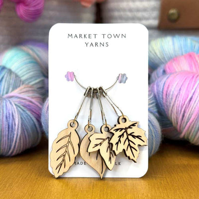 Market Town Yarns - Leaves Progress Keepers - Set of 4 shown with bulb pin fittings | Yarn Worx