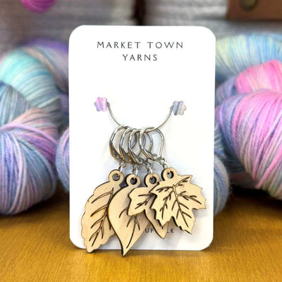 Market Town Yarns - Leaves Progress Keepers - Set of 4 shown with lever back fittings | Yarn Worx