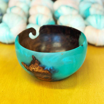 Wood & Turquoise Resin Yarn Bowl - Hand Turned | Yarn Worx